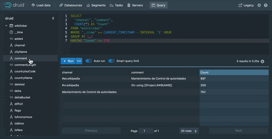 Apache Druid gif ordering and sorting example
