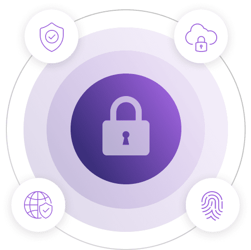 Central purple padlock icon surrounded by four smaller icons representing security shield, cloud security, global protection, and fingerprint authentication.