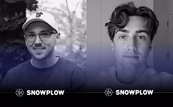 Split screen of two men smiling; left man wears glasses and a baseball cap outdoors, right man has wavy hair and is indoors; Snowplow logos below each.