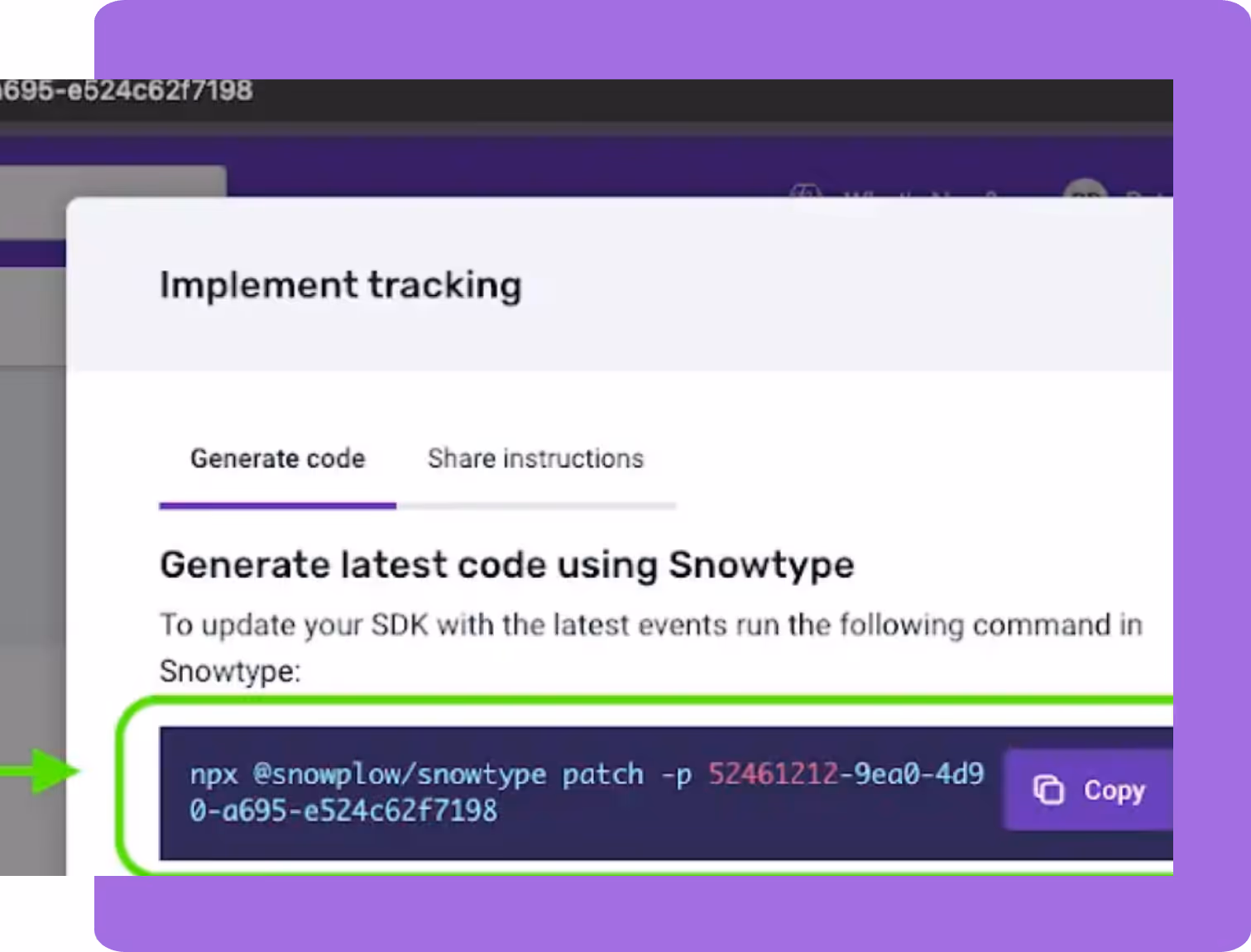 Screen showing instructions to implement tracking with Snowtype, including a command to generate the latest code and a copy button.