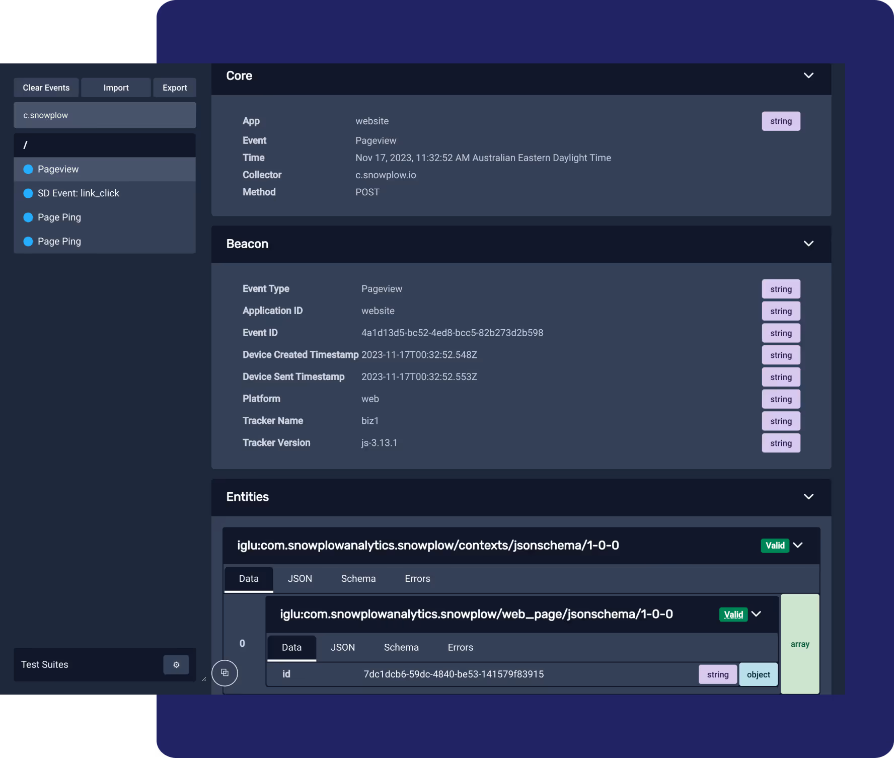 Screenshot of an analytics dashboard showing event details including a Pageview event with timestamps, application ID, event ID, platform, and tracker information, along with JSON schema validation status.