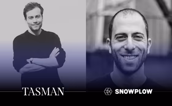 Side-by-side portrait photos of two men smiling, with the text 'TASMAN' under the left image and 'SNOWPLOW' with a hexagonal logo under the right image.