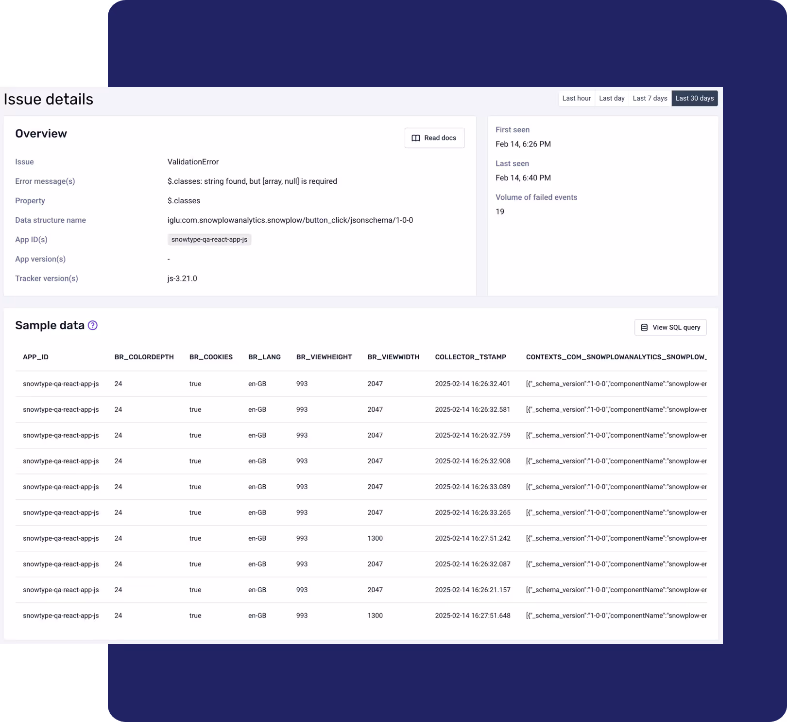 Dashboard showing issue details with validation error for $.classes property, including error message, app ID, tracker version, timestamps, and sample data table of app IDs, browser info, languages, view heights and widths.