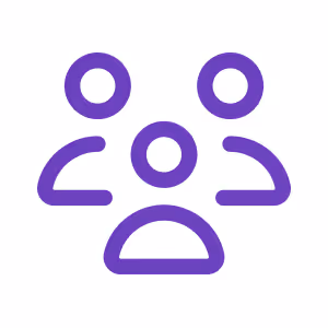 Purple icon of three abstract human figures representing a group or audience.