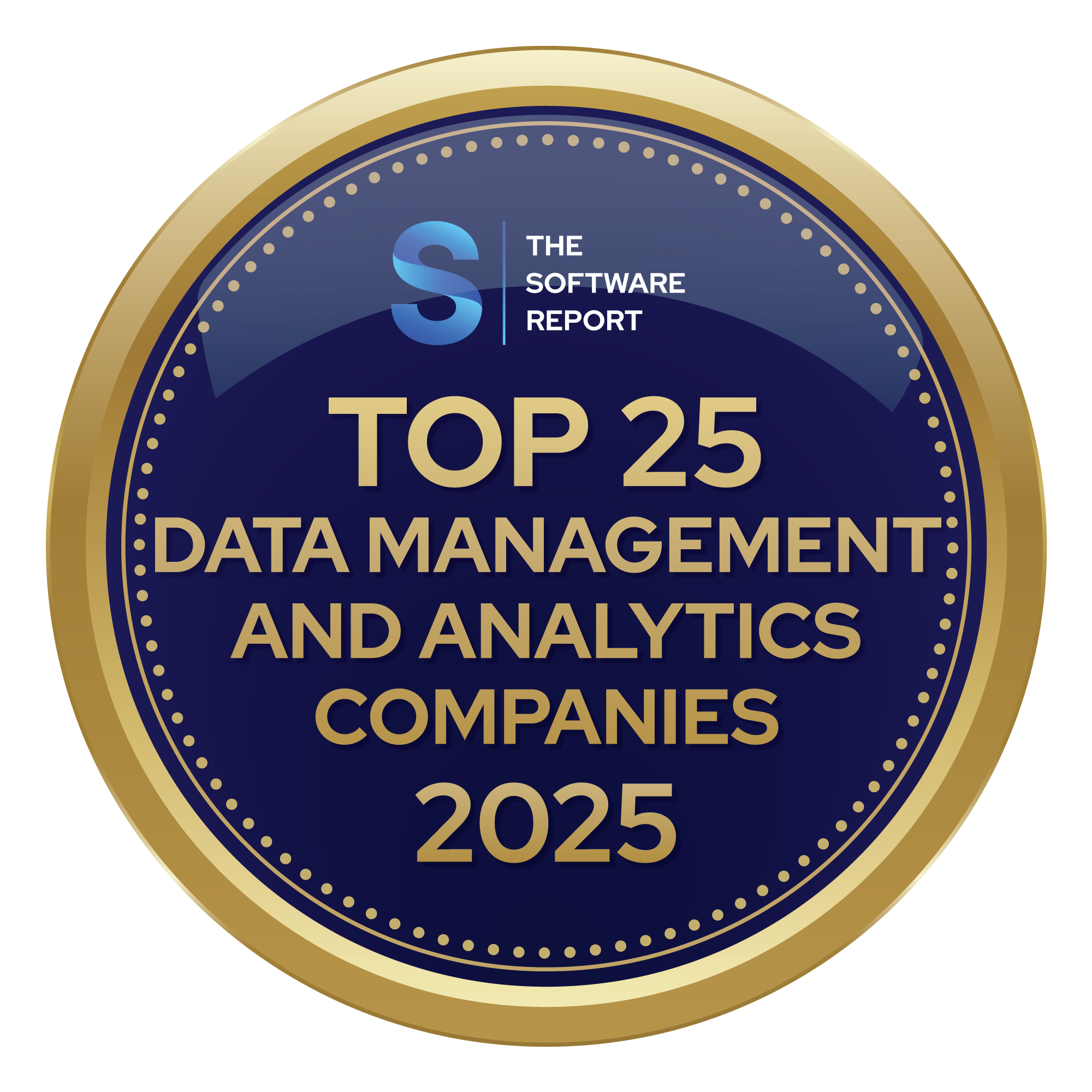 Gold and navy circular badge stating 'The Software Report Top 25 Data Management and Analytics Companies 2025'.