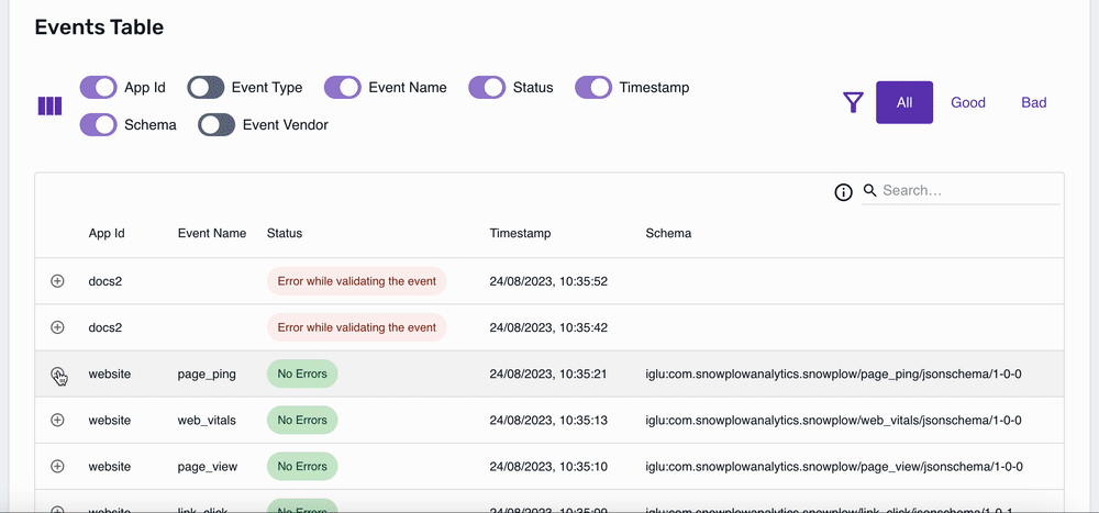 Interactive events table showing columns for App Id, Event Name, Status, Timestamp, and Schema with toggle filters for displayed columns and a filter option for All, Good, or Bad events.