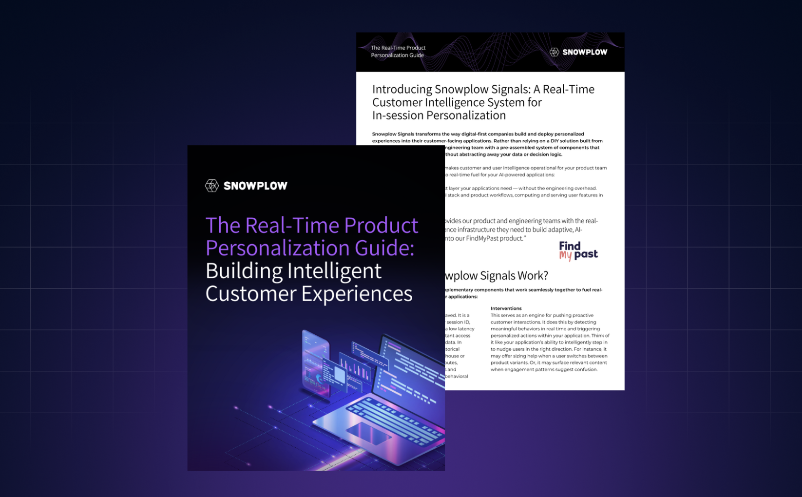 Cover of Snowplow's real-time product personalization guide featuring a laptop with floating data screens on a dark purple background.
