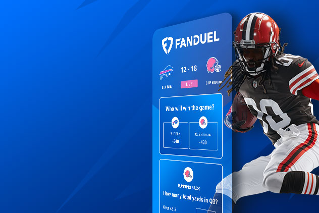 FanDuel sports betting interface showing a football game between Buffalo Bills and Cleveland Browns with player holding a football on the right.