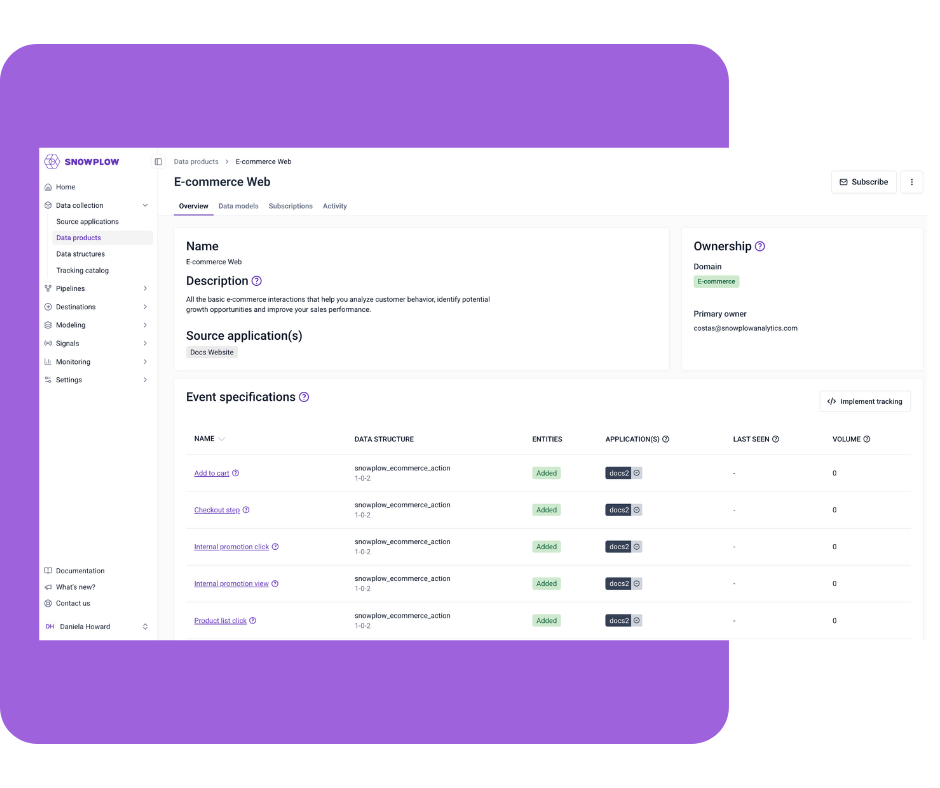 Snowplow Analytics dashboard showing E-commerce Web data product overview with event specifications like Add to cart, Checkout step, and Internal promotion clicks.