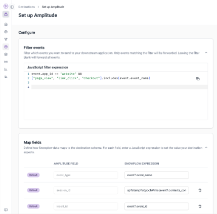Screenshot of a web interface showing setup instructions for Amplitude integration, including JavaScript filter expression code and mapping of Snowplow data fields to Amplitude fields.