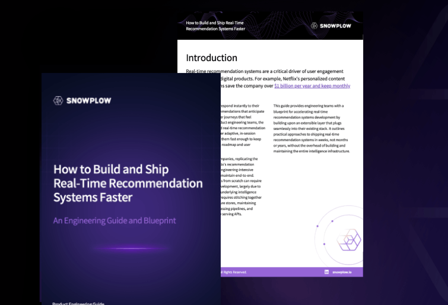 Cover and introduction page of a Snowplow engineering guide titled 'How to Build and Ship Real-Time Recommendation Systems Faster.'