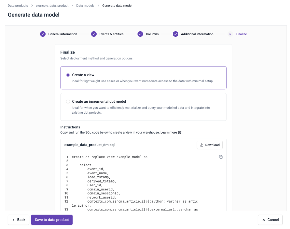 User interface for generating a data model with options to create a view or an incremental dbt model, showing SQL code snippet and navigation buttons.
